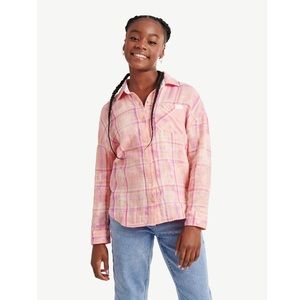 NWT Justice Girl's Long Sleeve Plaid Flannel Collared Top, Size: XL PLUS